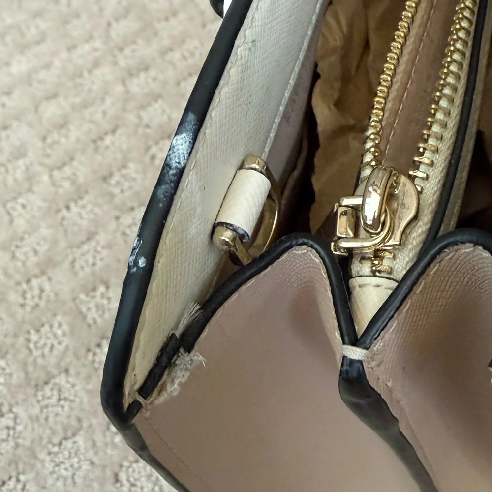 Kate Spade Perry Medium Satchel Bag Warm Beige Saffiano Leather Black Straps